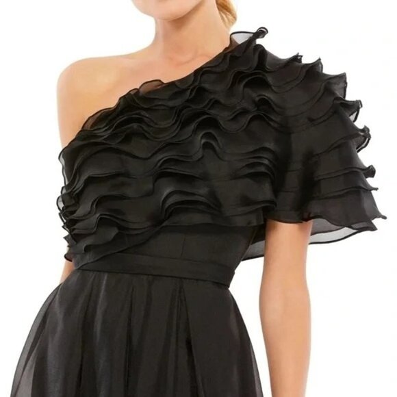 IEENA Mac Duggal 26527 Black Ruffle One-Shoulder Chiffon Gown Dress Size 12 NWT - Picture 2 of 5